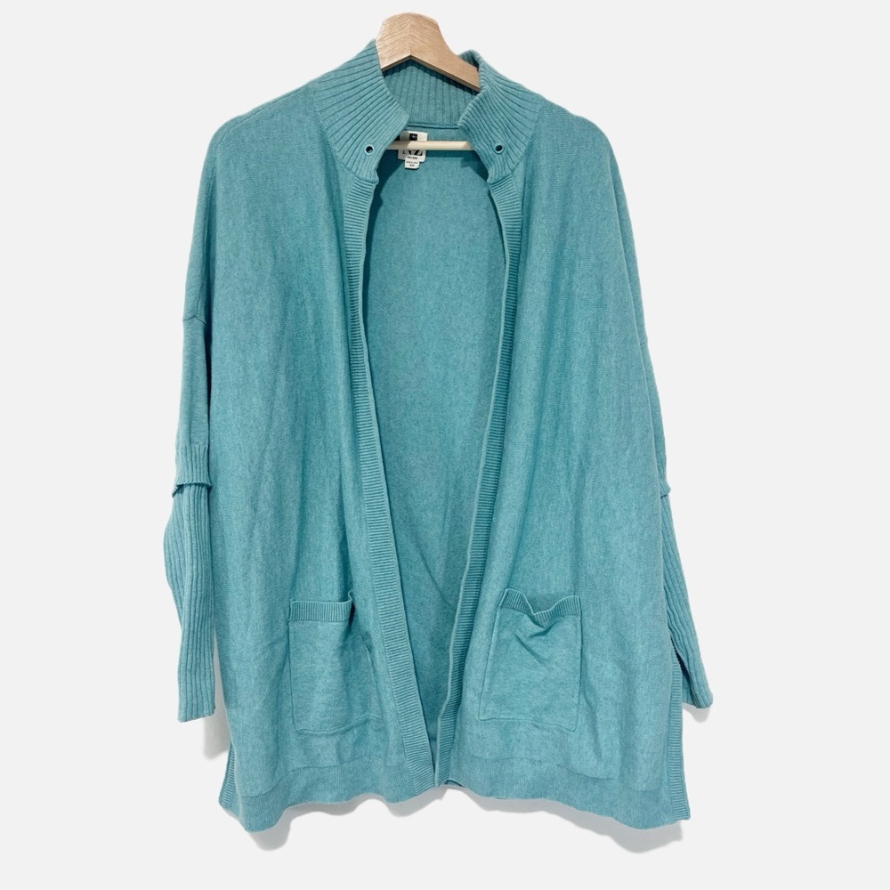 Nic + Zoe Active Open Front Cardigan Soft Teal Long Line Cotton Blend Size S/M